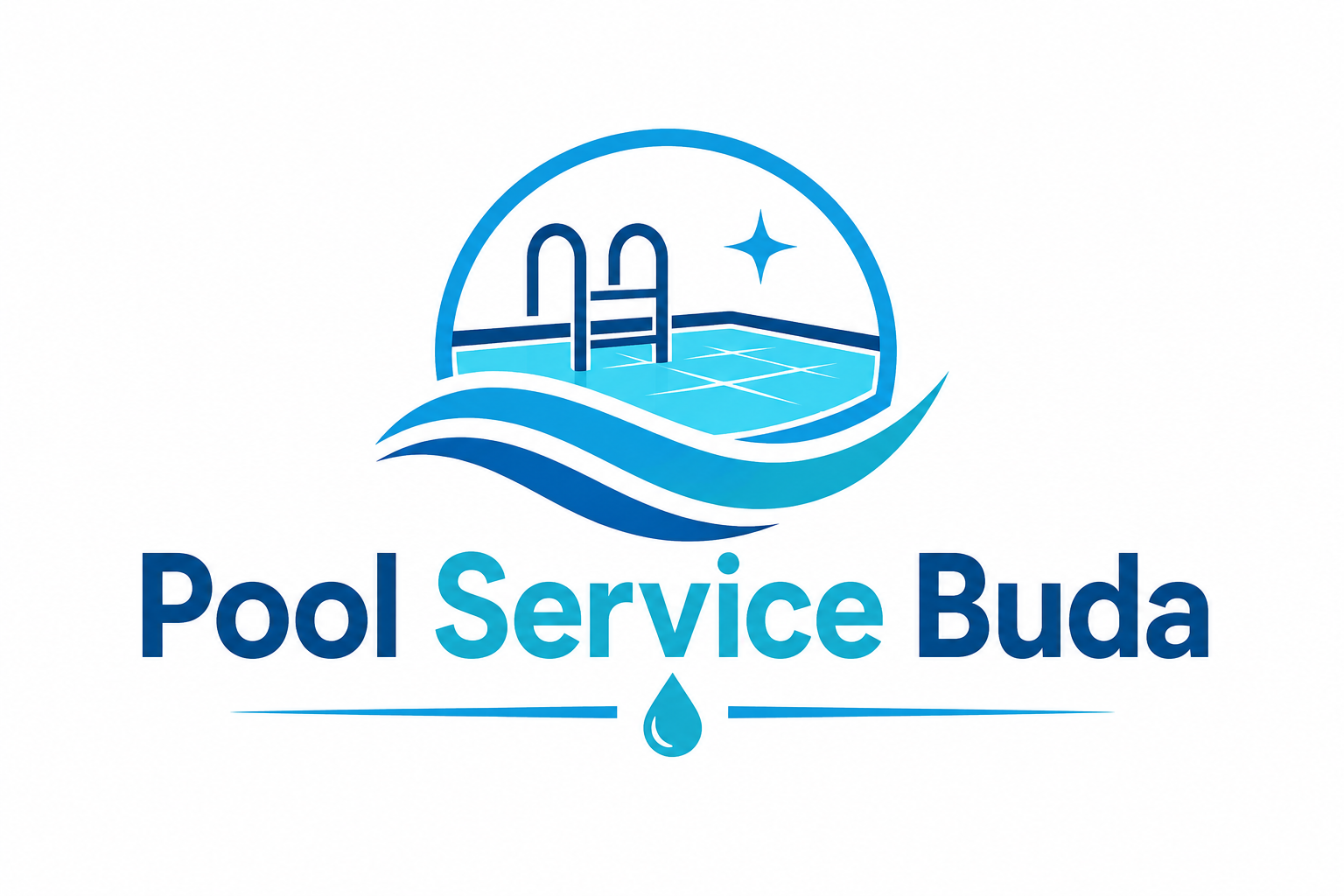 Brand logo for Pool Service Buda with a stylized pool and ladder inside a circle, blue waves, a water drop, and the text ‘Pool Service Buda’ beneath.